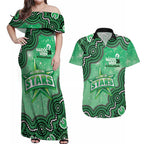 Melbourne Stars NAIDOC Week 2026 Custom Couples Matching Off Shoulder Maxi Dress and Hawaiian Shirt 50 Years Deadly Indigenous Art Glitter Effect