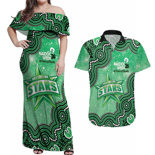 Melbourne Stars NAIDOC Week 2026 Custom Couples Matching Off Shoulder Maxi Dress and Hawaiian Shirt 50 Years Deadly Indigenous Art Glitter Effect