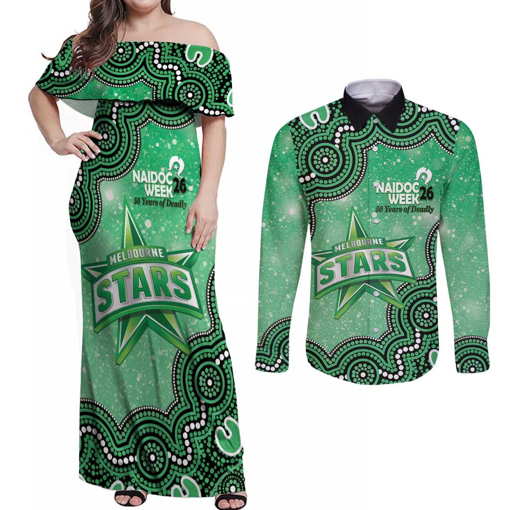 Melbourne Stars NAIDOC Week 2026 Custom Couples Matching Off Shoulder Maxi Dress and Long Sleeve Button Shirt 50 Years Deadly Indigenous Art Glitter Effect