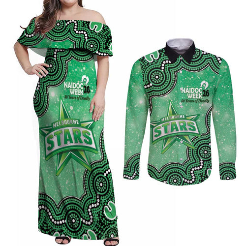 Melbourne Stars NAIDOC Week 2026 Custom Couples Matching Off Shoulder Maxi Dress and Long Sleeve Button Shirt 50 Years Deadly Indigenous Art Glitter Effect
