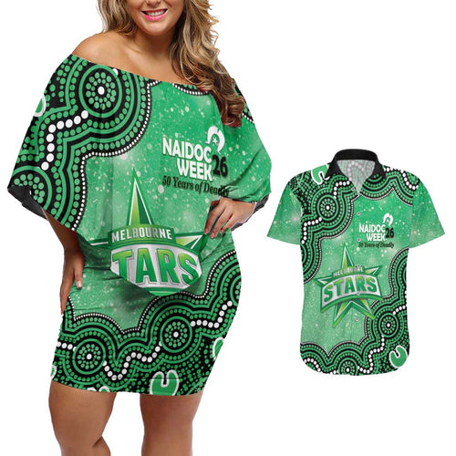 Melbourne Stars NAIDOC Week 2026 Custom Couples Matching Off Shoulder Short Dress and Hawaiian Shirt 50 Years Deadly Indigenous Art Glitter Effect
