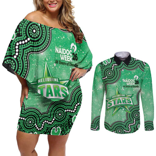 Melbourne Stars NAIDOC Week 2026 Custom Couples Matching Off Shoulder Short Dress and Long Sleeve Button Shirt 50 Years Deadly Indigenous Art Glitter Effect
