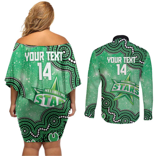 Melbourne Stars NAIDOC Week 2026 Custom Couples Matching Off Shoulder Short Dress and Long Sleeve Button Shirt 50 Years Deadly Indigenous Art Glitter Effect