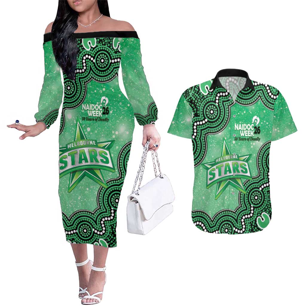 Melbourne Stars NAIDOC Week 2026 Custom Couples Matching Off The Shoulder Long Sleeve Dress and Hawaiian Shirt 50 Years Deadly Indigenous Art Glitter Effect