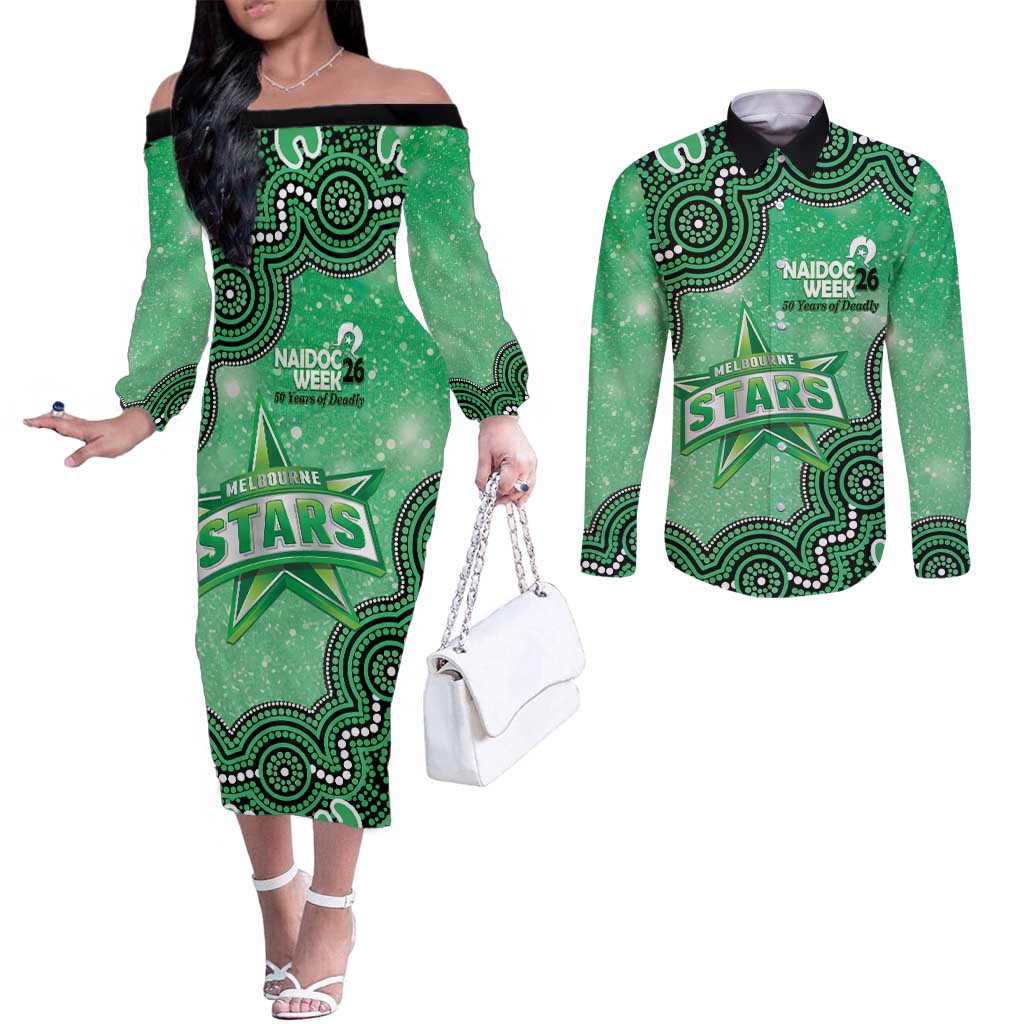 Melbourne Stars NAIDOC Week 2026 Custom Couples Matching Off The Shoulder Long Sleeve Dress and Long Sleeve Button Shirt 50 Years Deadly Indigenous Art Glitter Effect