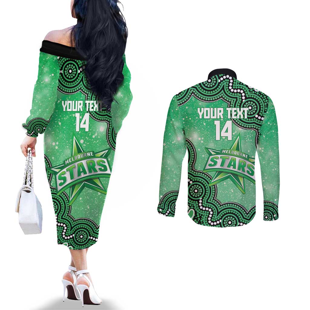 Melbourne Stars NAIDOC Week 2026 Custom Couples Matching Off The Shoulder Long Sleeve Dress and Long Sleeve Button Shirt 50 Years Deadly Indigenous Art Glitter Effect