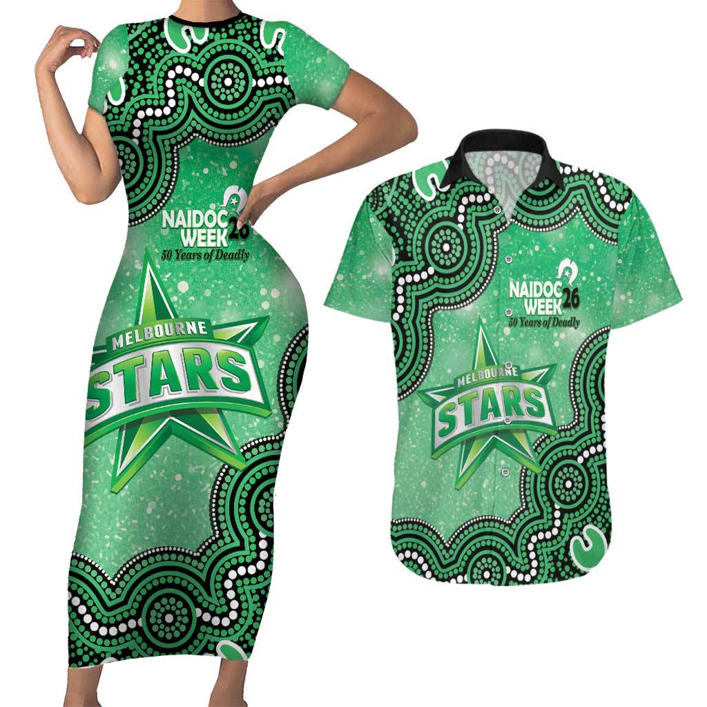 Melbourne Stars NAIDOC Week 2026 Custom Couples Matching Short Sleeve Bodycon Dress and Hawaiian Shirt 50 Years Deadly Indigenous Art Glitter Effect