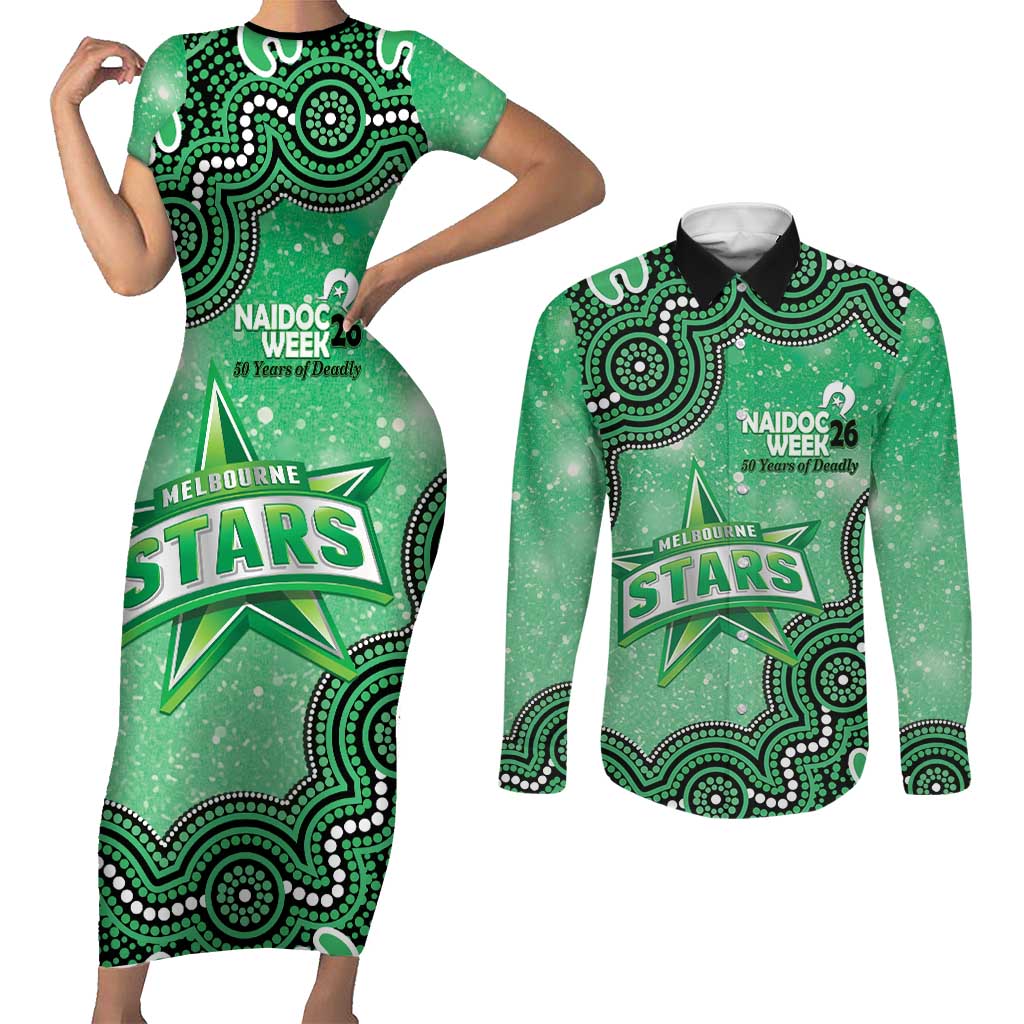 Melbourne Stars NAIDOC Week 2026 Custom Couples Matching Short Sleeve Bodycon Dress and Long Sleeve Button Shirt 50 Years Deadly Indigenous Art Glitter Effect