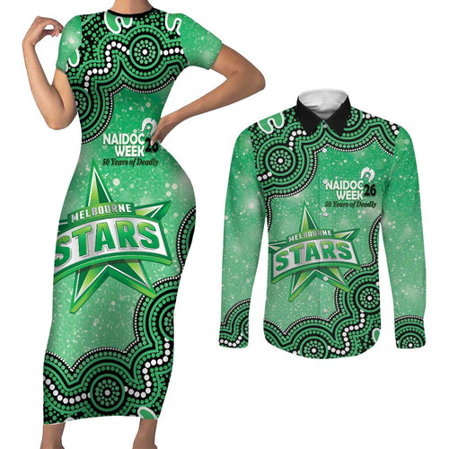 Melbourne Stars NAIDOC Week 2026 Custom Couples Matching Short Sleeve Bodycon Dress and Long Sleeve Button Shirt 50 Years Deadly Indigenous Art Glitter Effect