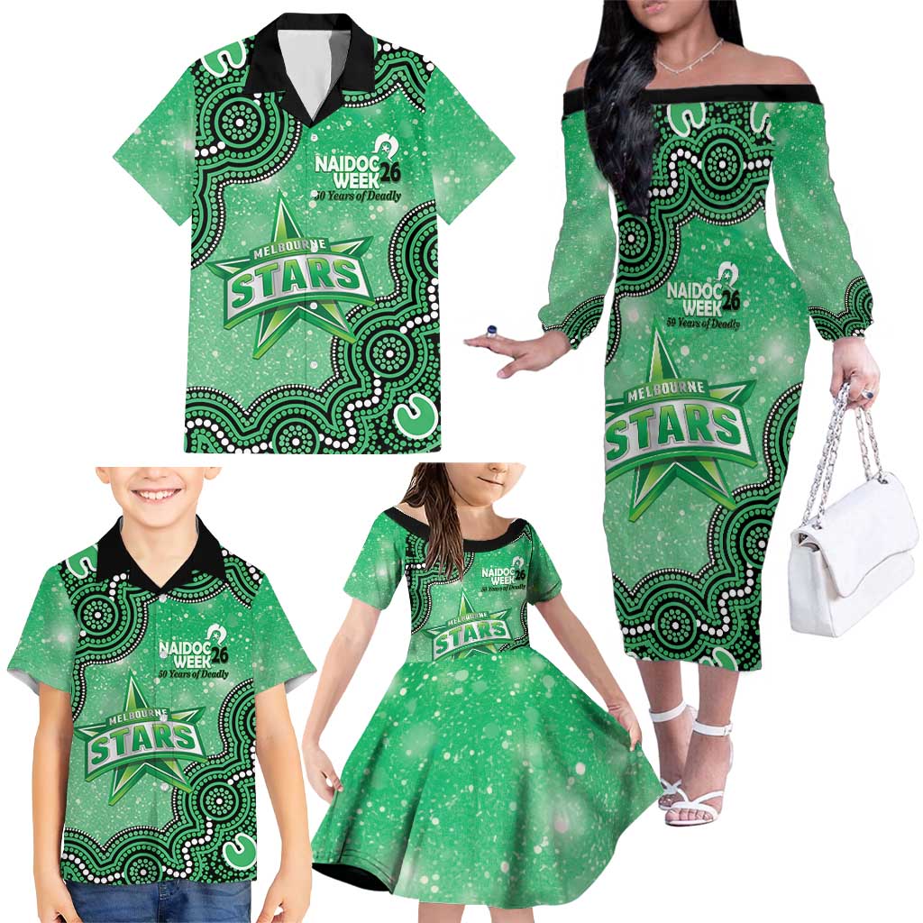 Melbourne Stars NAIDOC Week 2026 Custom Family Matching Off The Shoulder Long Sleeve Dress and Hawaiian Shirt 50 Years Deadly Indigenous Art Glitter Effect