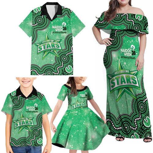 Melbourne Stars NAIDOC Week 2026 Custom Family Matching Off Shoulder Maxi Dress and Hawaiian Shirt 50 Years Deadly Indigenous Art Glitter Effect