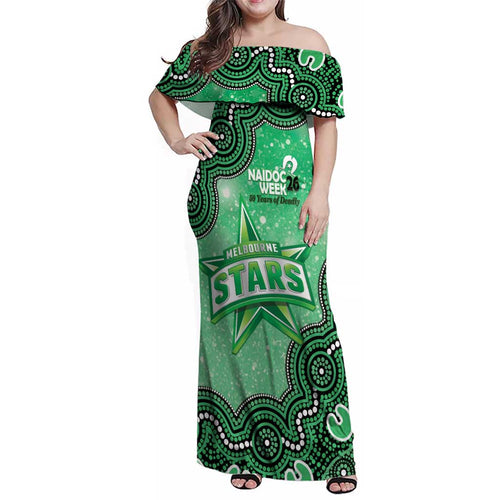 Melbourne Stars NAIDOC Week 2026 Custom Family Matching Off Shoulder Maxi Dress and Hawaiian Shirt 50 Years Deadly Indigenous Art Glitter Effect