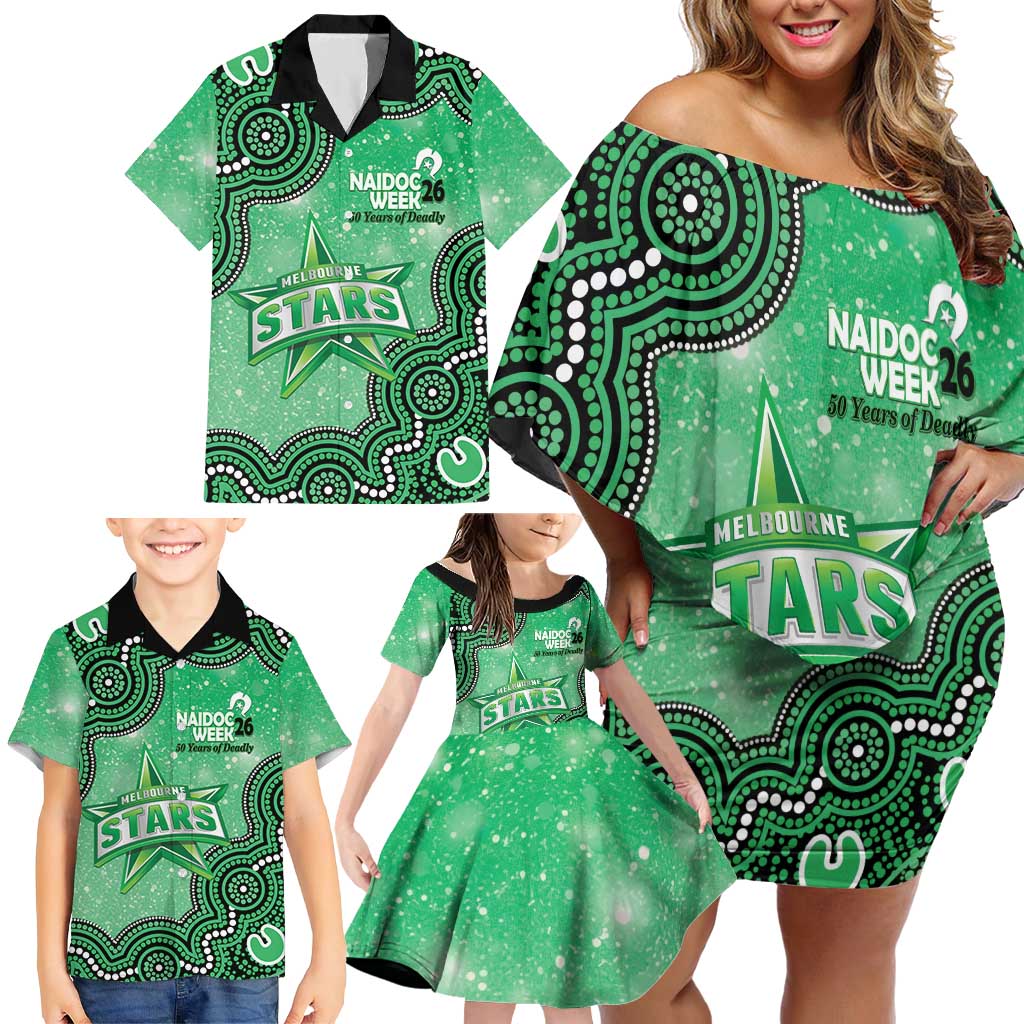 Melbourne Stars NAIDOC Week 2026 Custom Family Matching Off Shoulder Short Dress and Hawaiian Shirt 50 Years Deadly Indigenous Art Glitter Effect