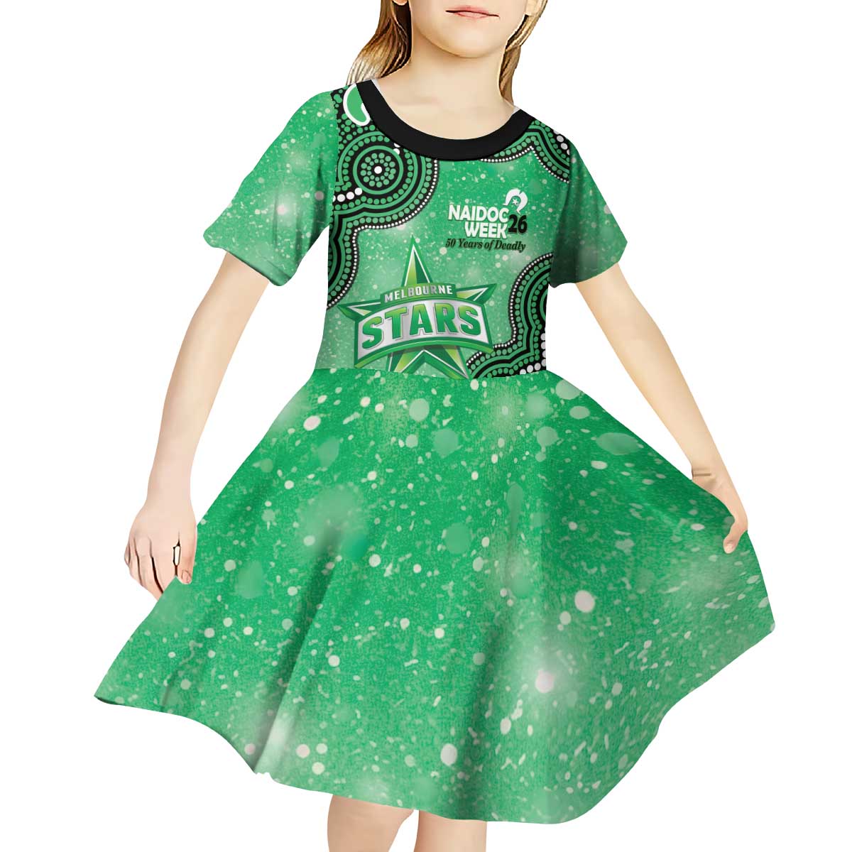 Melbourne Stars NAIDOC Week 2026 Custom Kid Short Sleeve Dress 50 Years Deadly Indigenous Art Glitter Effect