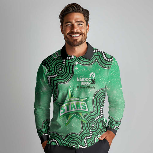 Melbourne Stars NAIDOC Week 2026 Custom Long Sleeve Polo Shirt 50 Years Deadly Indigenous Art Glitter Effect