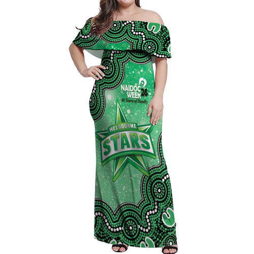 Melbourne Stars NAIDOC Week 2026 Custom Off Shoulder Maxi Dress 50 Years Deadly Indigenous Art Glitter Effect