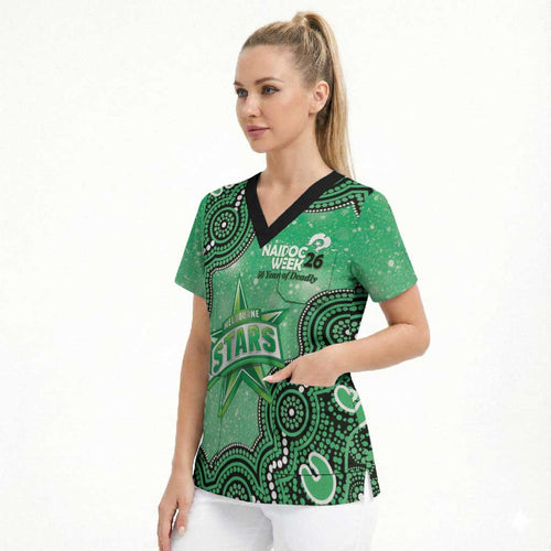Melbourne Stars NAIDOC Week 2026 Custom Scrub Top 50 Years Deadly Indigenous Art Glitter Effect