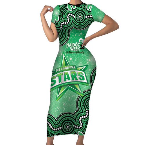 Melbourne Stars NAIDOC Week 2026 Custom Short Sleeve Bodycon Dress 50 Years Deadly Indigenous Art Glitter Effect