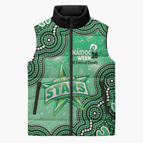 Melbourne Stars NAIDOC Week 2026 Custom Sleeveless Puffer Jacket 50 Years Deadly Indigenous Art Glitter Effect
