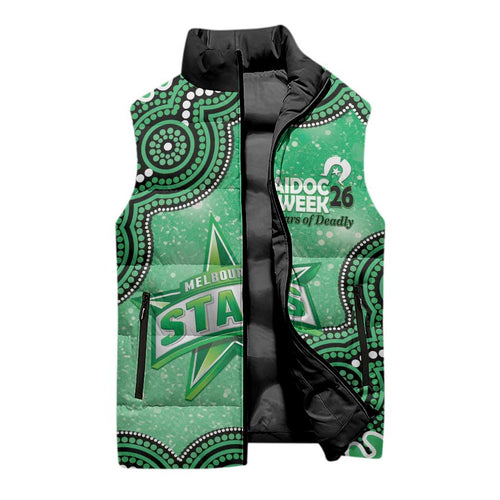 Melbourne Stars NAIDOC Week 2026 Custom Sleeveless Puffer Jacket 50 Years Deadly Indigenous Art Glitter Effect