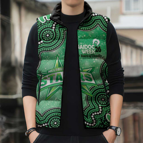 Melbourne Stars NAIDOC Week 2026 Custom Sleeveless Puffer Jacket 50 Years Deadly Indigenous Art Glitter Effect