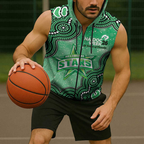 Melbourne Stars NAIDOC Week 2026 Custom Sleeveless Zip Hoodie 50 Years Deadly Indigenous Art Glitter Effect
