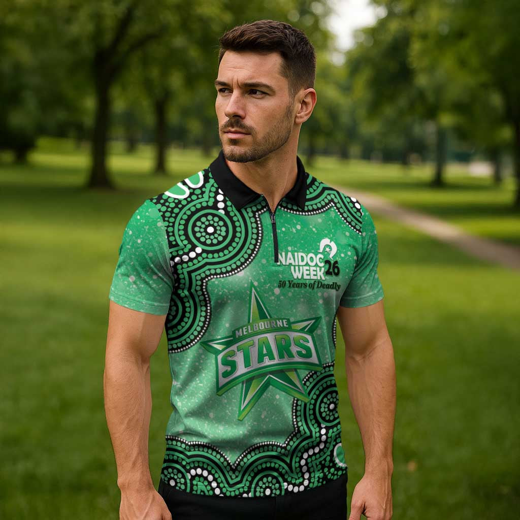 Melbourne Stars NAIDOC Week 2026 Custom Zipper Polo Shirt 50 Years Deadly Indigenous Art Glitter Effect