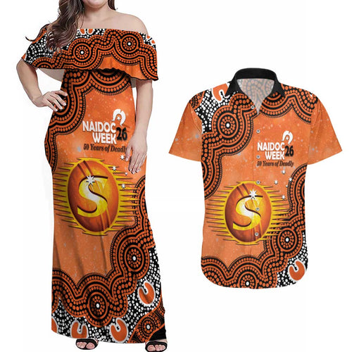 Perth Scorchers NAIDOC Week 2026 Custom Couples Matching Off Shoulder Maxi Dress and Hawaiian Shirt 50 Years Deadly Indigenous Art Glitter Effect