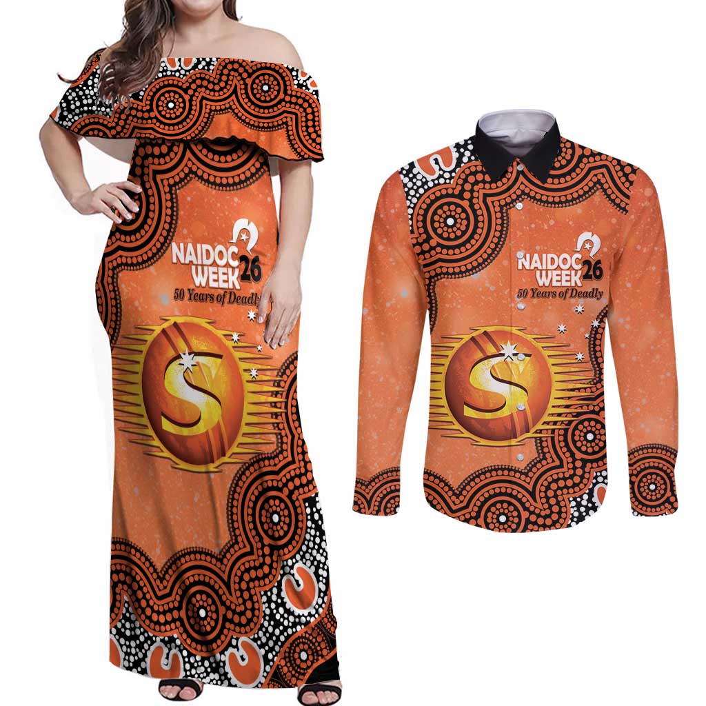Perth Scorchers NAIDOC Week 2026 Custom Couples Matching Off Shoulder Maxi Dress and Long Sleeve Button Shirt 50 Years Deadly Indigenous Art Glitter Effect