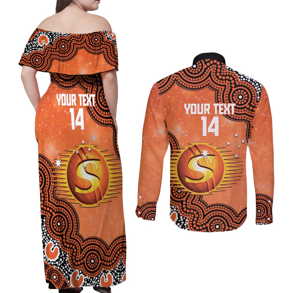 Perth Scorchers NAIDOC Week 2026 Custom Couples Matching Off Shoulder Maxi Dress and Long Sleeve Button Shirt 50 Years Deadly Indigenous Art Glitter Effect