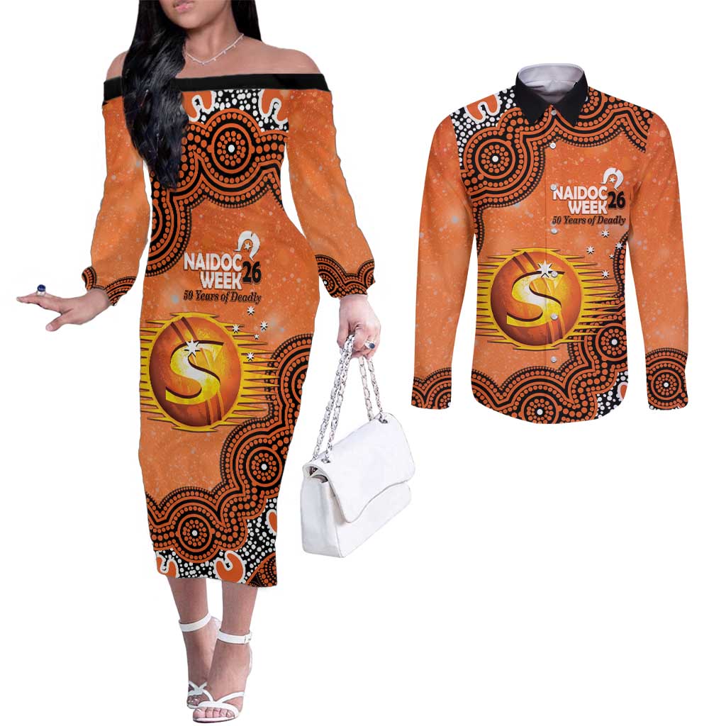 Perth Scorchers NAIDOC Week 2026 Custom Couples Matching Off The Shoulder Long Sleeve Dress and Long Sleeve Button Shirt 50 Years Deadly Indigenous Art Glitter Effect