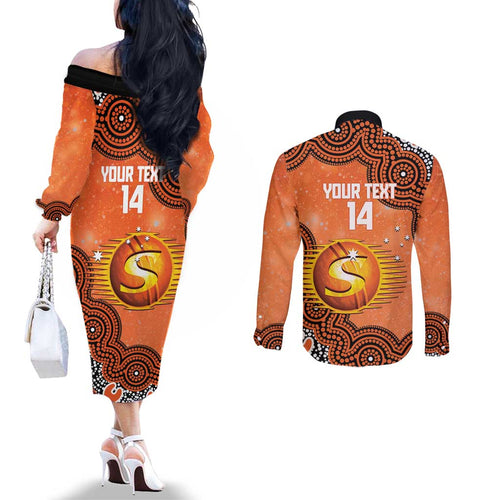 Perth Scorchers NAIDOC Week 2026 Custom Couples Matching Off The Shoulder Long Sleeve Dress and Long Sleeve Button Shirt 50 Years Deadly Indigenous Art Glitter Effect