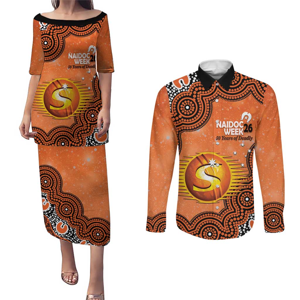 Perth Scorchers NAIDOC Week 2026 Custom Couples Matching Puletasi and Long Sleeve Button Shirt 50 Years Deadly Indigenous Art Glitter Effect