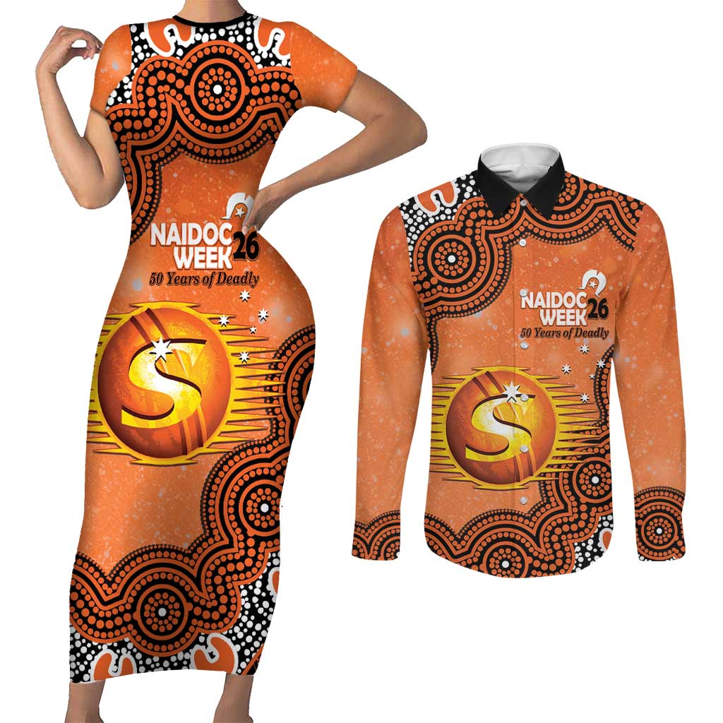 Perth Scorchers NAIDOC Week 2026 Custom Couples Matching Short Sleeve Bodycon Dress and Long Sleeve Button Shirt 50 Years Deadly Indigenous Art Glitter Effect