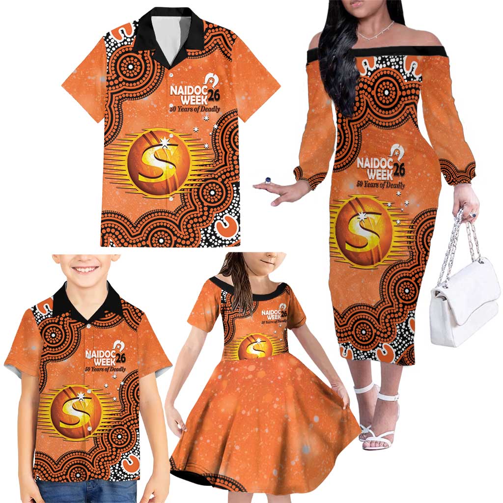 Perth Scorchers NAIDOC Week 2026 Custom Family Matching Off The Shoulder Long Sleeve Dress and Hawaiian Shirt 50 Years Deadly Indigenous Art Glitter Effect