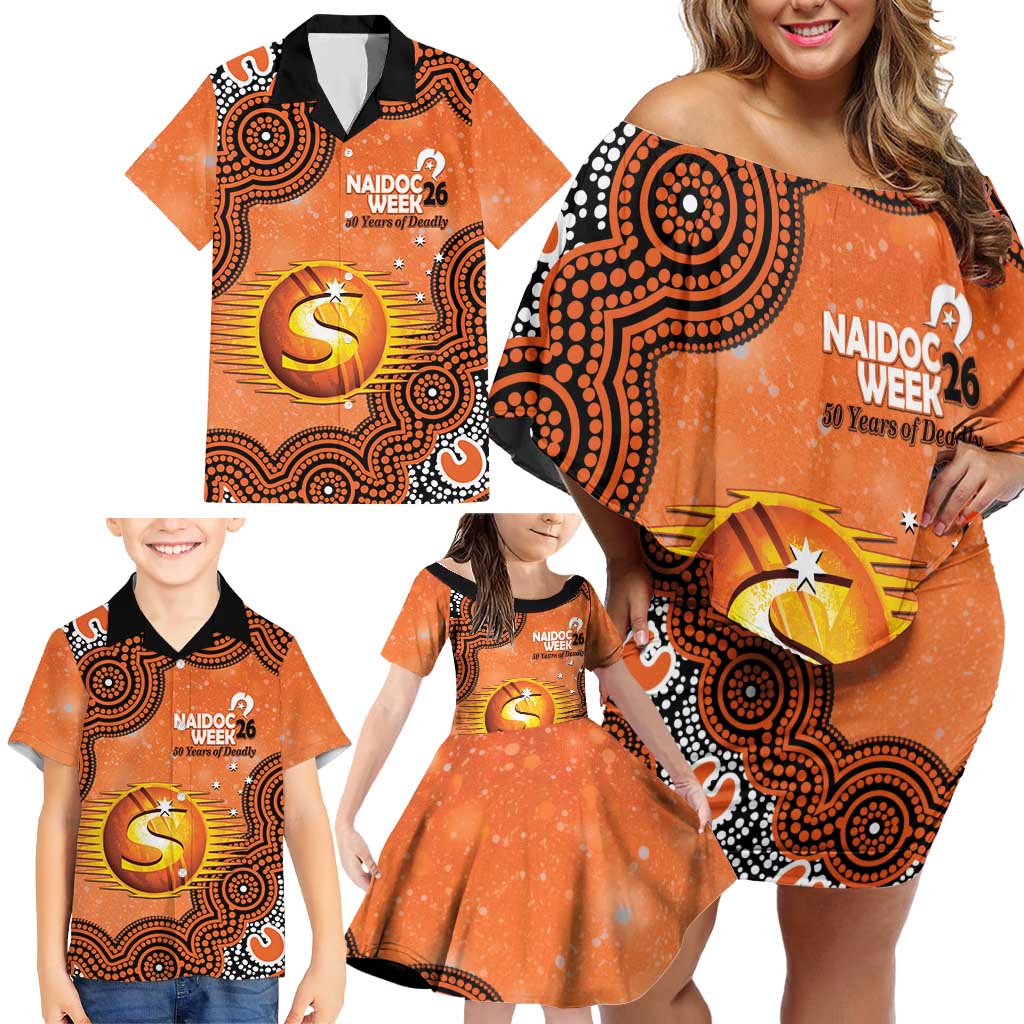 Perth Scorchers NAIDOC Week 2026 Custom Family Matching Off Shoulder Short Dress and Hawaiian Shirt 50 Years Deadly Indigenous Art Glitter Effect