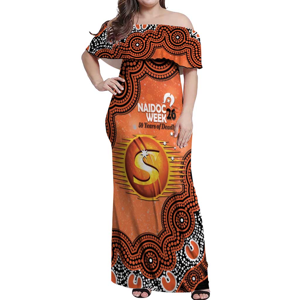 Perth Scorchers NAIDOC Week 2026 Custom Off Shoulder Maxi Dress 50 Years Deadly Indigenous Art Glitter Effect