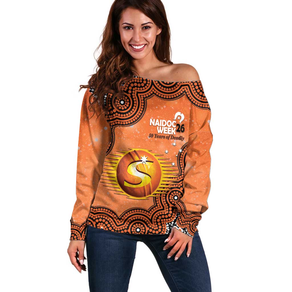 Perth Scorchers NAIDOC Week 2026 Custom Off Shoulder Sweater 50 Years Deadly Indigenous Art Glitter Effect