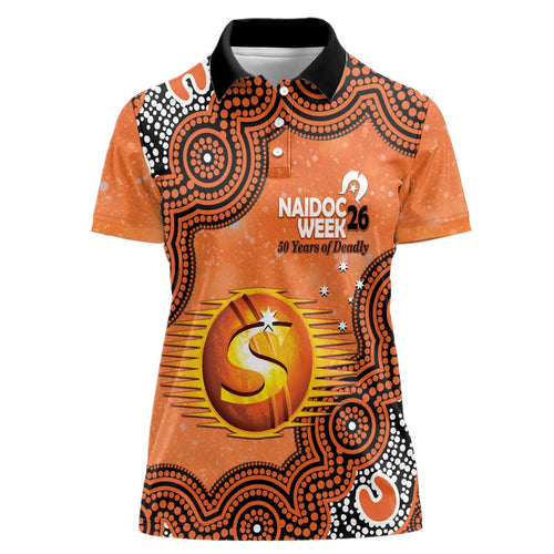 Perth Scorchers NAIDOC Week 2026 Custom Women Polo Shirt 50 Years Deadly Indigenous Art Glitter Effect