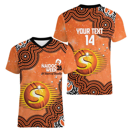 Perth Scorchers NAIDOC Week 2026 Custom Women V-Neck T-Shirt 50 Years Deadly Indigenous Art Glitter Effect