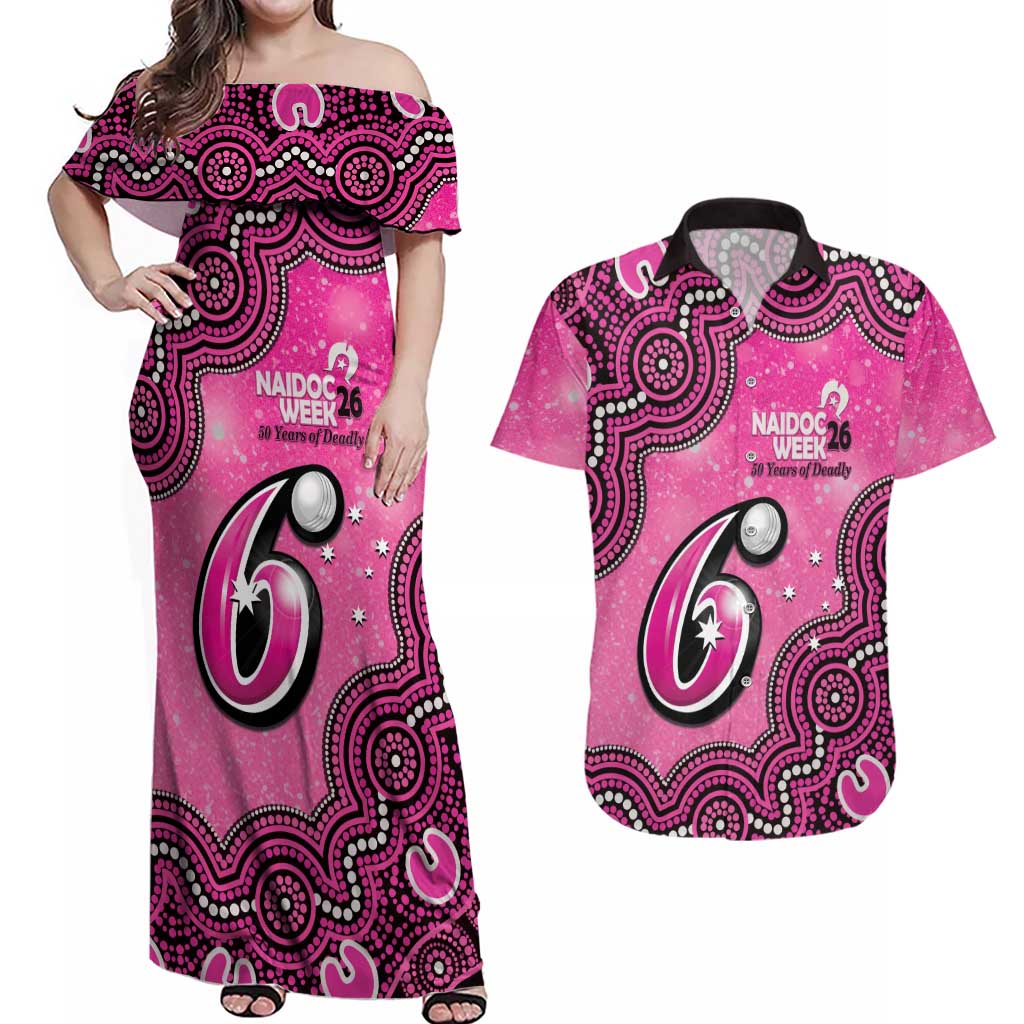 Sydney Sixers NAIDOC Week 2026 Custom Couples Matching Off Shoulder Maxi Dress and Hawaiian Shirt 50 Years Deadly Indigenous Art Glitter Effect