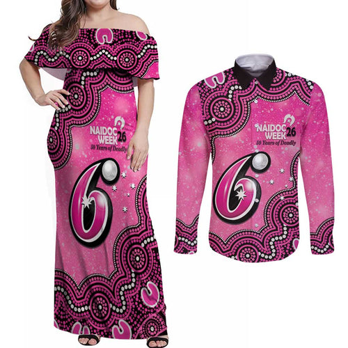 Sydney Sixers NAIDOC Week 2026 Custom Couples Matching Off Shoulder Maxi Dress and Long Sleeve Button Shirt 50 Years Deadly Indigenous Art Glitter Effect