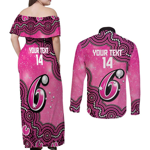 Sydney Sixers NAIDOC Week 2026 Custom Couples Matching Off Shoulder Maxi Dress and Long Sleeve Button Shirt 50 Years Deadly Indigenous Art Glitter Effect
