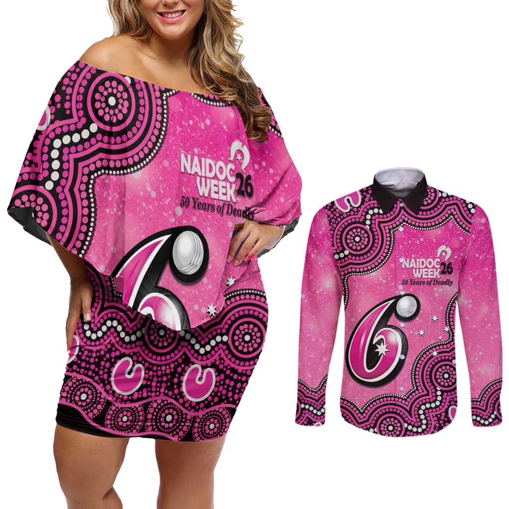 Sydney Sixers NAIDOC Week 2026 Custom Couples Matching Off Shoulder Short Dress and Long Sleeve Button Shirt 50 Years Deadly Indigenous Art Glitter Effect