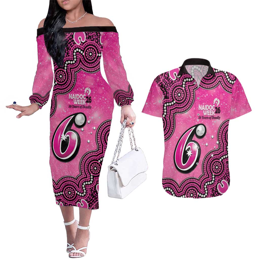 Sydney Sixers NAIDOC Week 2026 Custom Couples Matching Off The Shoulder Long Sleeve Dress and Hawaiian Shirt 50 Years Deadly Indigenous Art Glitter Effect
