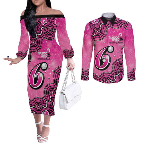 Sydney Sixers NAIDOC Week 2026 Custom Couples Matching Off The Shoulder Long Sleeve Dress and Long Sleeve Button Shirt 50 Years Deadly Indigenous Art Glitter Effect
