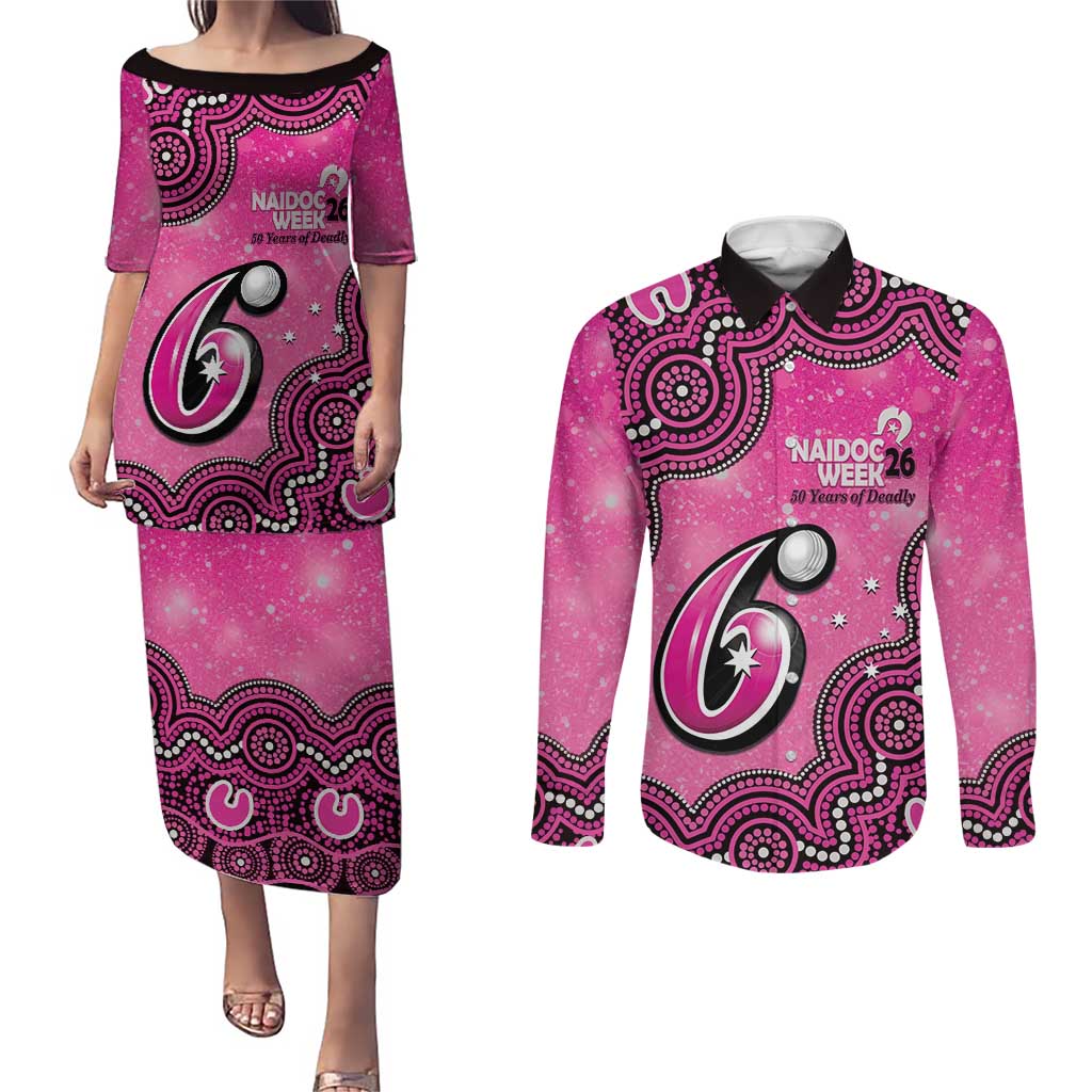Sydney Sixers NAIDOC Week 2026 Custom Couples Matching Puletasi and Long Sleeve Button Shirt 50 Years Deadly Indigenous Art Glitter Effect
