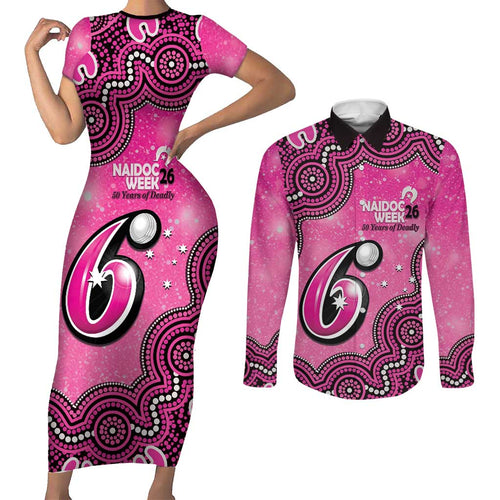 Sydney Sixers NAIDOC Week 2026 Custom Couples Matching Short Sleeve Bodycon Dress and Long Sleeve Button Shirt 50 Years Deadly Indigenous Art Glitter Effect