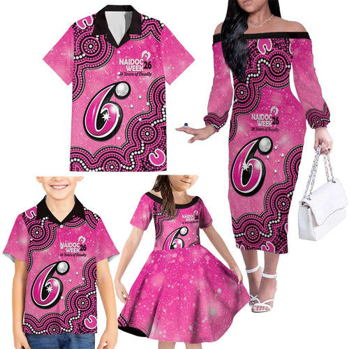 Sydney Sixers NAIDOC Week 2026 Custom Family Matching Off The Shoulder Long Sleeve Dress and Hawaiian Shirt 50 Years Deadly Indigenous Art Glitter Effect