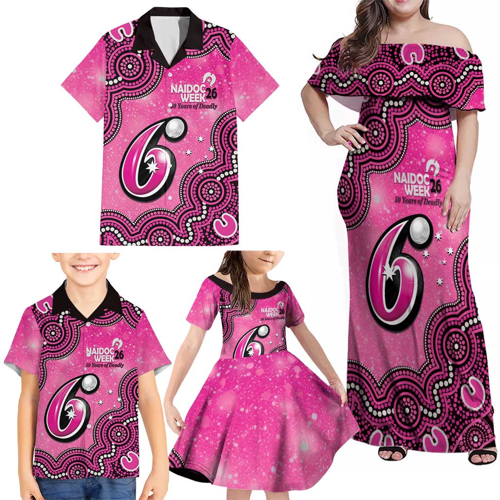 Sydney Sixers NAIDOC Week 2026 Custom Family Matching Off Shoulder Maxi Dress and Hawaiian Shirt 50 Years Deadly Indigenous Art Glitter Effect